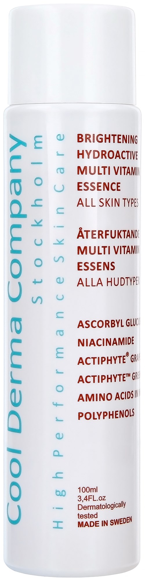 A white bottle with blue and red text, containing skincare product named 'Cool Derma Company'.