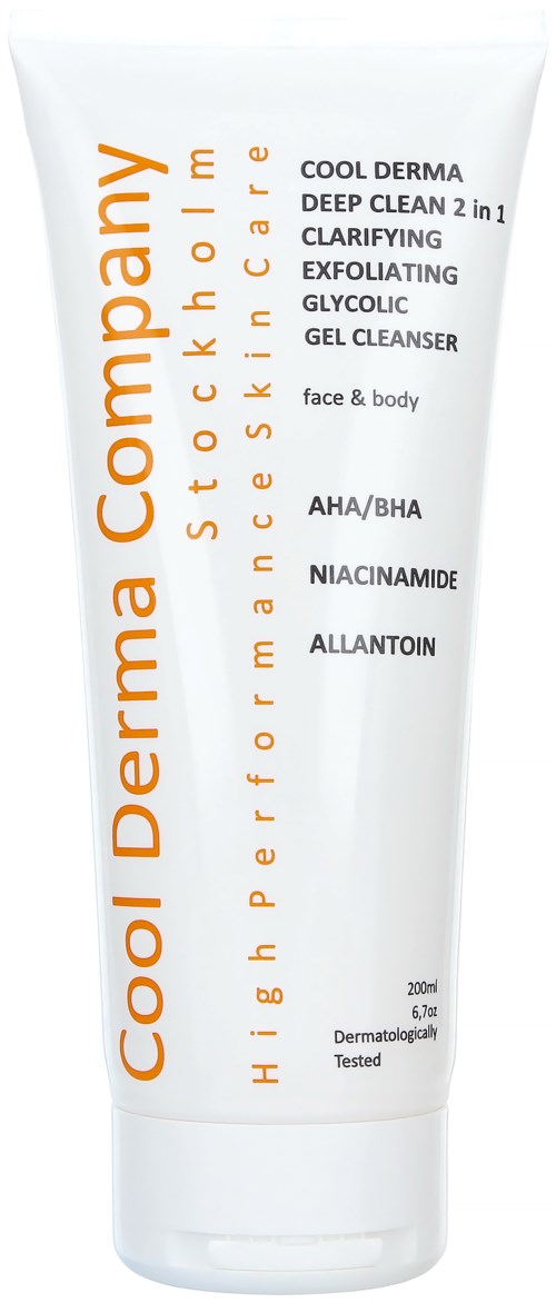 A white tube of facial gel cleanser from Derma Company, promoting skincare with ingredients like AHA/BHA and Niacinamide.