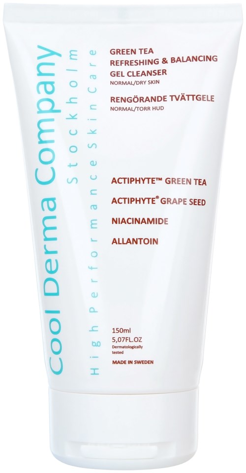 A white tube of gel cleanser with blue and red text, titled 'Cool Derma Company,' contains ingredients like green tea and niacinamide.