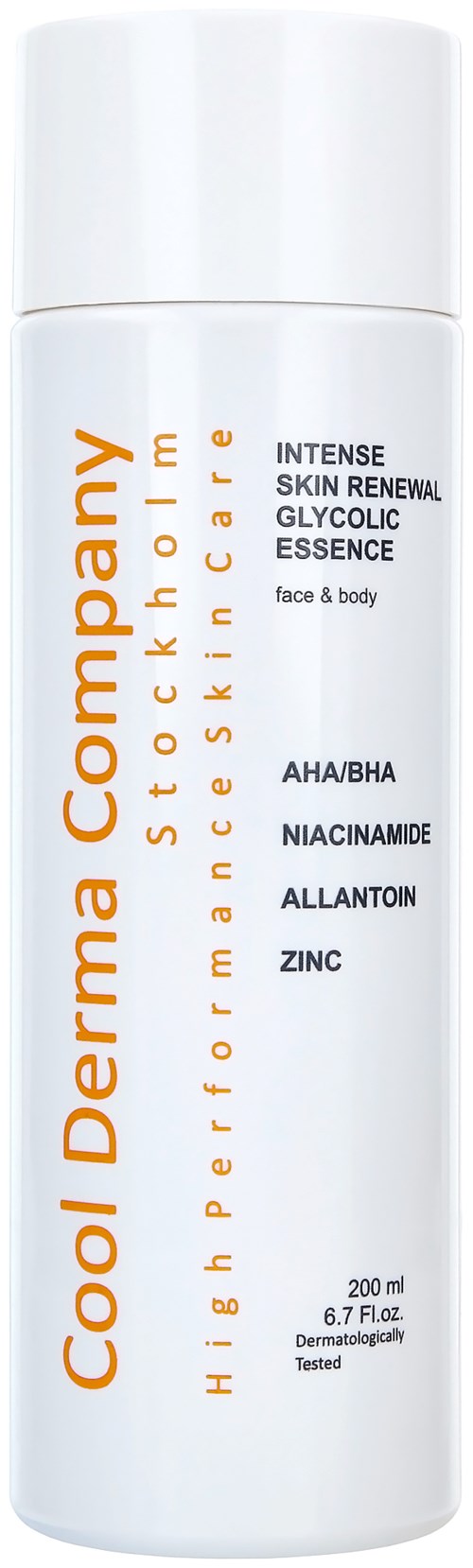 A white bottle with orange and black text, named 'Cool Derma Company'. It offers skin care with ingredients like glycolic acid and zinc.