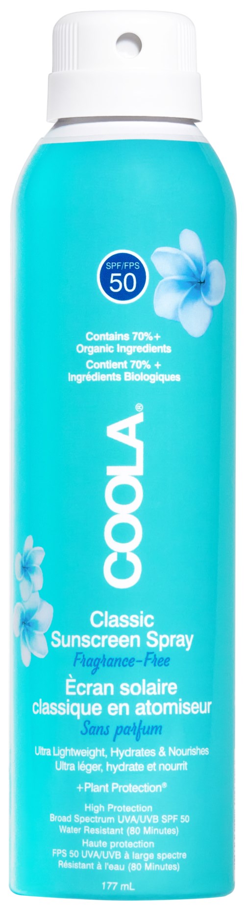 En blå flaske med Coola solkrem spray med SPF 50, blomsterdesign og beskyttelsesinformasjon på etiketten.
