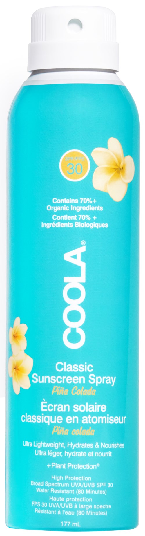 En blå spraydåse med hvite og gule blomster, merket COOLa, for solbeskyttelse.