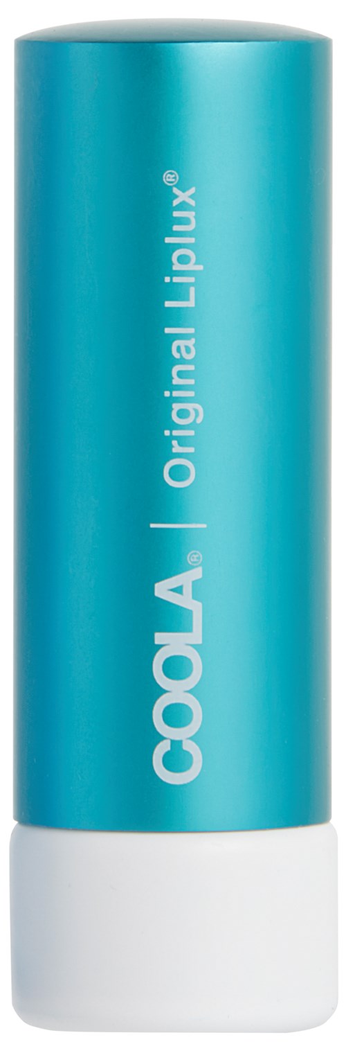 En sylindrisk blå og hvit beholder, merket "COOLA Original Liplux".