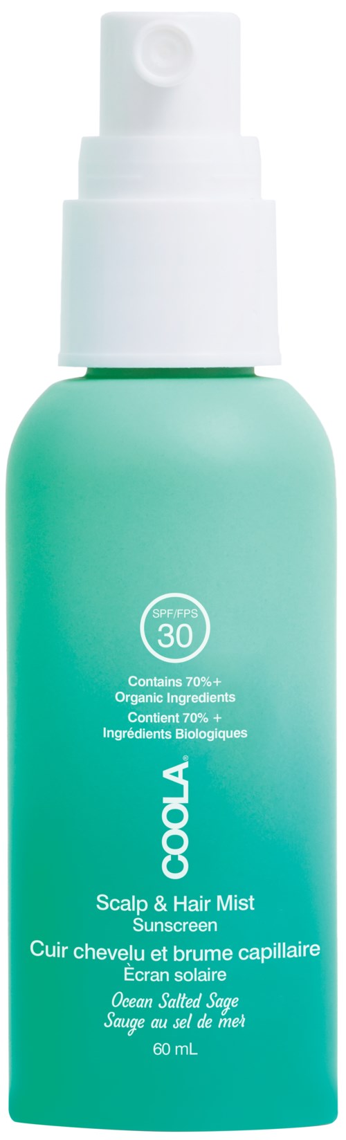 En grønn sprayflaske merket 'Scalp & Hair Mist', med SPF 30, som inneholder økologiske ingredienser, 60 mL.