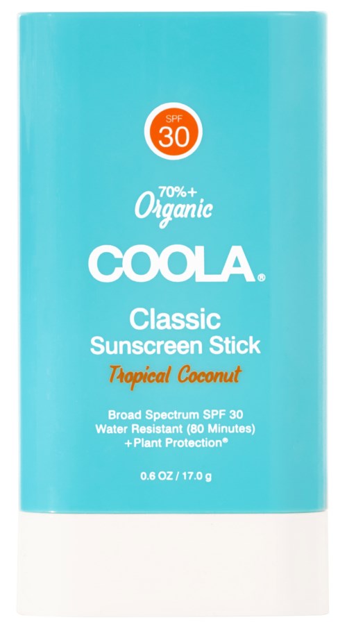 En blå solkremstift med hvit og oransje tekst, merket som SPF 30, økologisk og kokossmak.