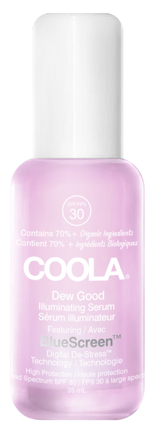 En rosa flaske med Coola Dew Good Serum, inneholder 70% økologiske ingredienser, laget for å beskytte mot digital stress.