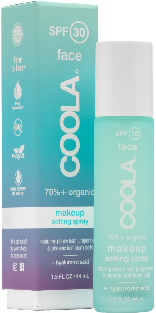 En grønn og hvit flaske av COOLLA sminkeinnstillingspray med SPF 30, økologiske ingredienser og hyaluronsyre.