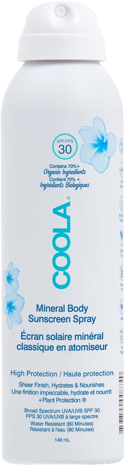 En hvit sprayflaske med blå blomster merket 'Coola Mineral Body Sunscreen Spray' og SPF 30 beskyttelse.