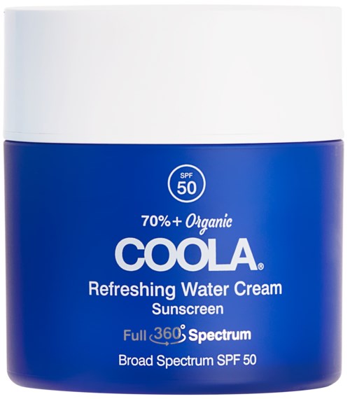 En blå krukke med COOLLA forfriskende vannkrem med solfaktor 50 og økologiske ingredienser.