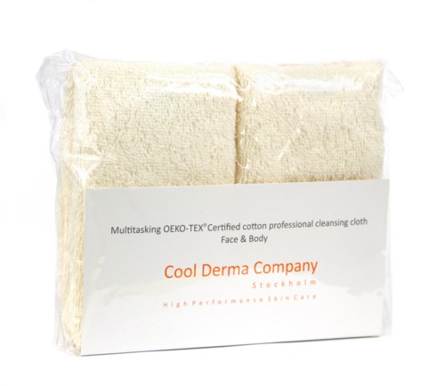 A white cleaning cloth in plastic packaging, labeled with brand and product information for skin and face care.