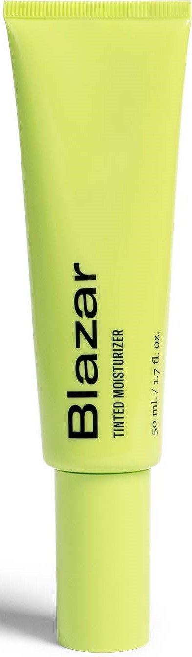 Bright green tube labeled 'Blazar Tinted Moisturizer' with SPF 50.