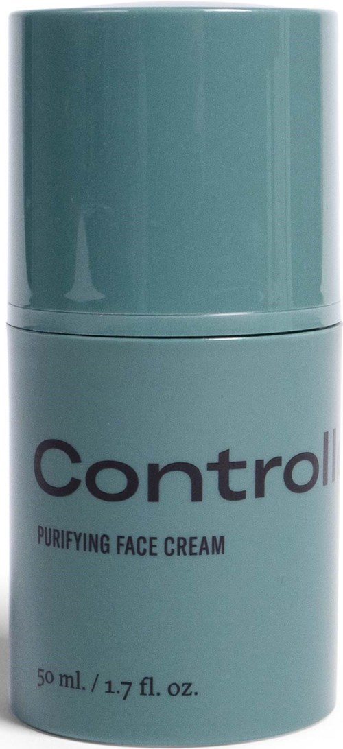A teal-colored container of Control Purifying Face Cream, 50 ml, with a pump nozzle.