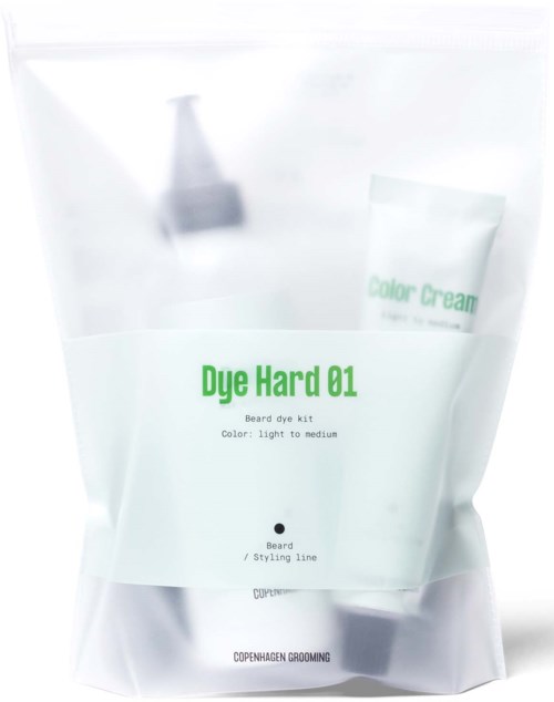 A beard dye kit named "Dye Hard 01" in a white package, with a green and white label, indicating light to medium color.