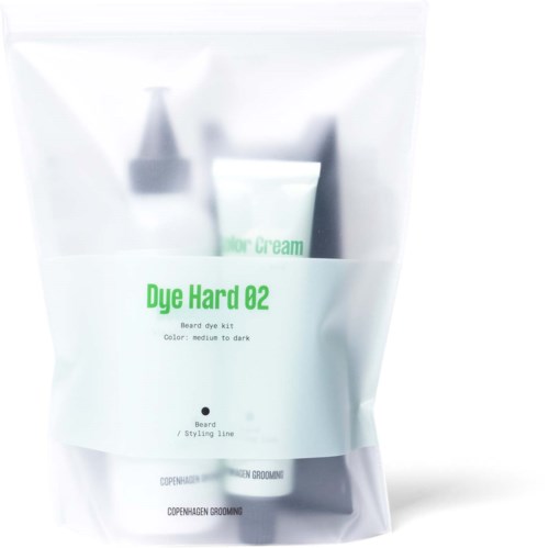 A beard dye kit with a small bottle and tube, labeled 'Due Hard 02' for medium to dark hair.