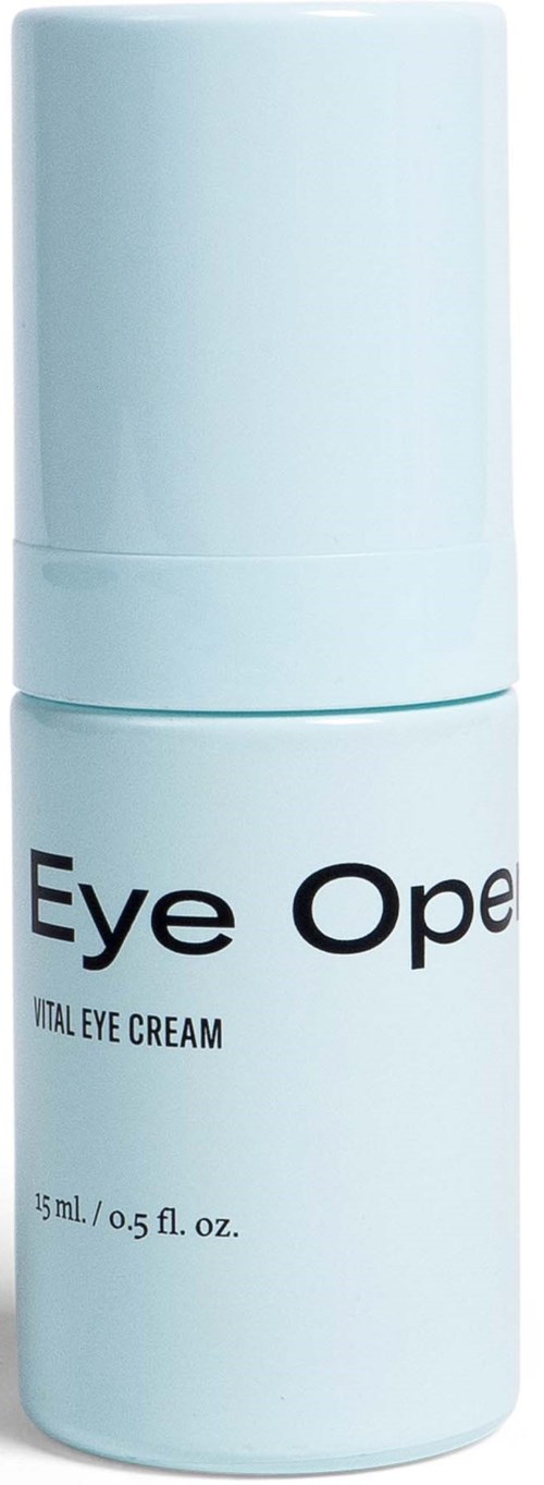 A white bottle labeled 'Eye Op' for eye cream with a pump top.