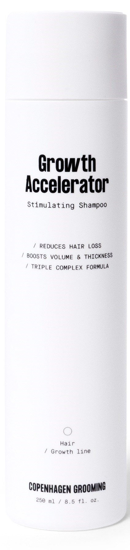 A tall white bottle labeled 'Growth Accelerator' for stimulating shampoo. It mentions reducing hair loss and increasing volume.
