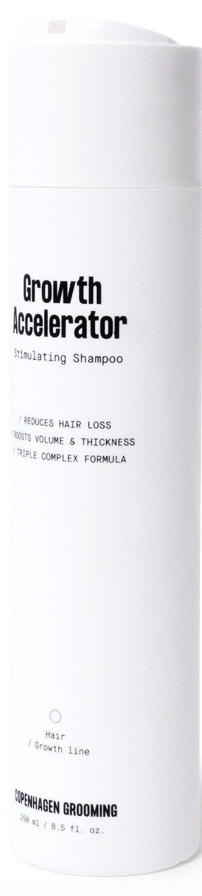 A white bottle labeled 'Growth Accelerator' for hair growth, containing shampoo to help hair loss and thickness.