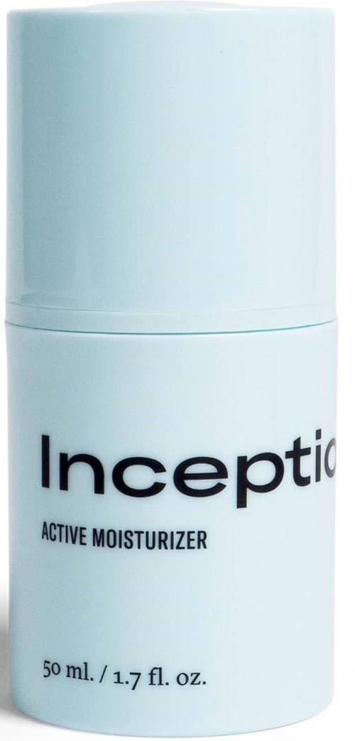 A light blue cylindrical bottle labeled 'Inception Active Moisturizer' with a cap on top.