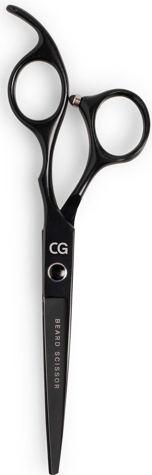 A pair of grooming scissors for trimming beards and mustaches, with black handles and a small built-in mirror.