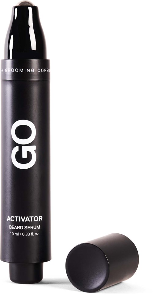 A black cylindrical bottle of beard serum with a removable cap, labeled 'GO Activator Bead Serum'.