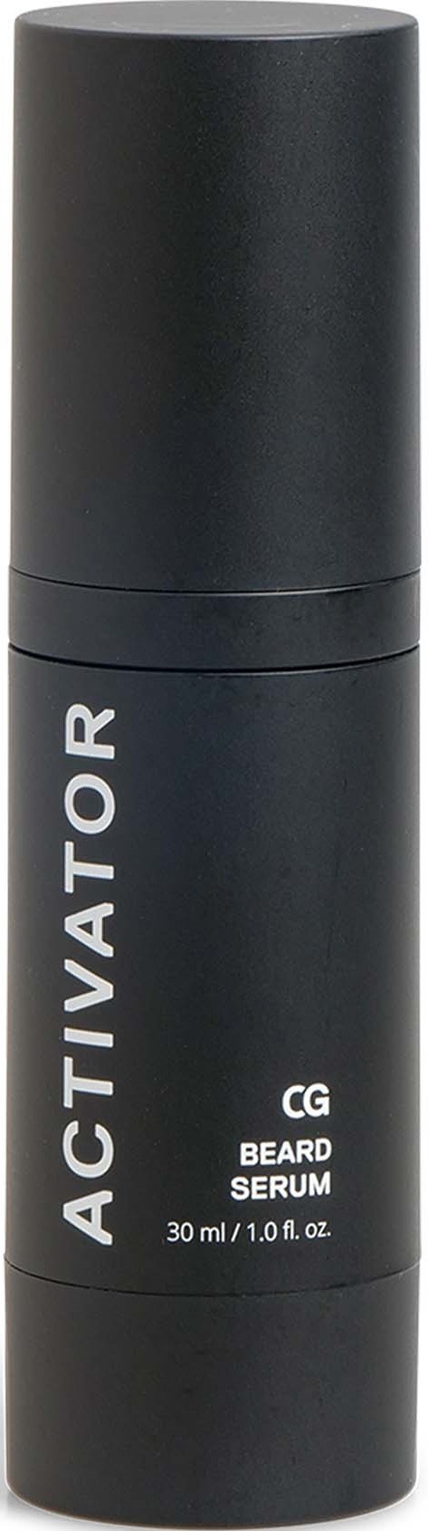 A black bottle labeled 'ACTIVATOR CG BEARD SERUM' with a cylindrical shape and a cap.