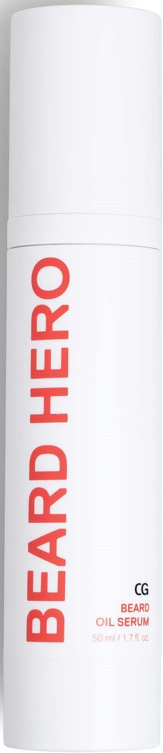 A white bottle labeled 'BEARD HERO' for beard oil serum. It is tall and slim with red text.