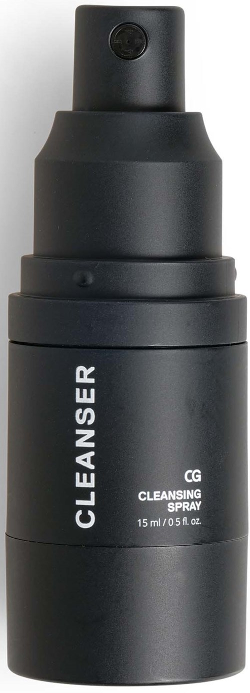 A black spray bottle labeled 'CLEANSER' and 'CLEANSING SPRAY' with 15 ml capacity.