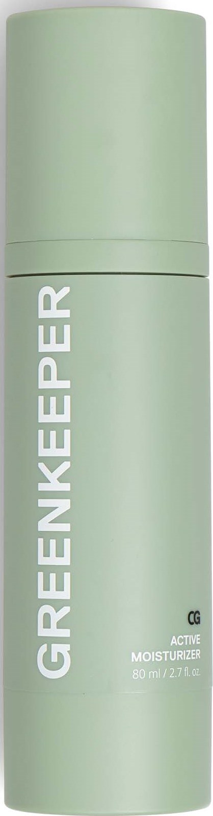 A green bottle with white text, labeled "GRENKEE PER" and "ACTIVE MOISTURIZER," 80ml. It looks like a skincare product.