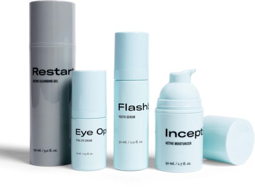 Skincare products in light blue and gray bottles, labeled Restar, Eye Op, Flash, and Incept. They are arranged neatly.