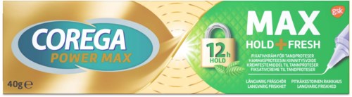 A package of COREGA toothpaste claiming 12 hours of freshness and long-lasting protection, with antibacterial features.