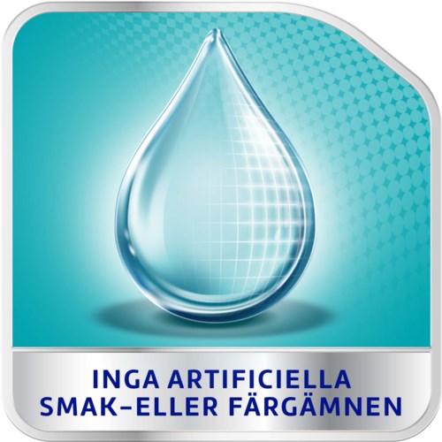 A water droplet icon with Swedish text about artificial flavor and coloring.