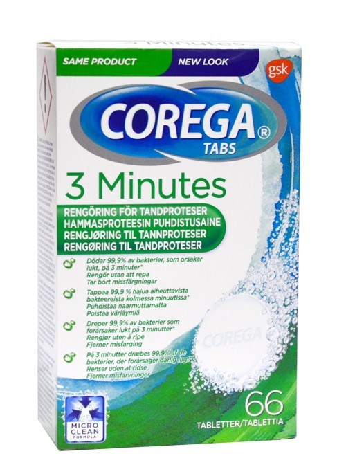 Box of Corega Tabs for denture cleaning, claims to work in 3 minutes, contains 66 tablets, shows a blue and white design.