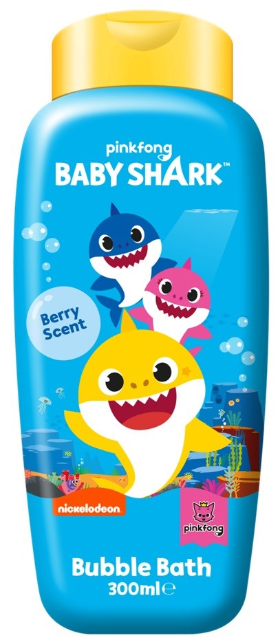Blue bottle with two cartoon baby sharks, one pink and one blue, and a yellow baby shark with a big smile.