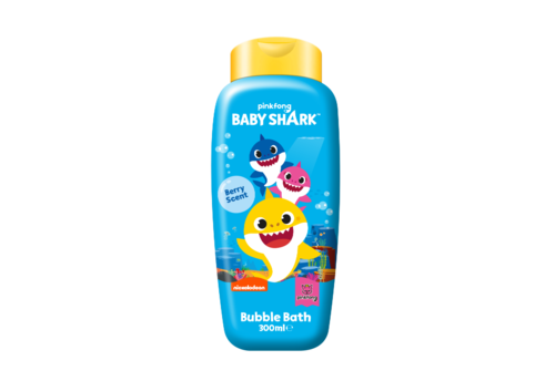 A blue bottle with a yellow cap featuring the Baby Shark characters and text indicating bubble bath for children.