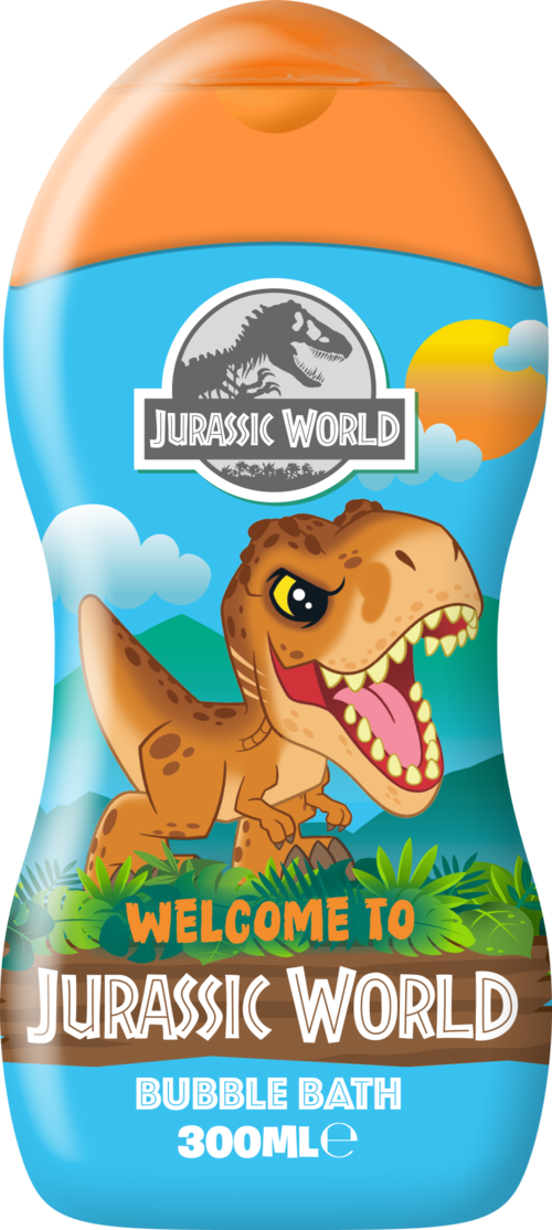 A blue bubble bath bottle with a T. rex cartoon, Jurassic World logo, and welcoming text.