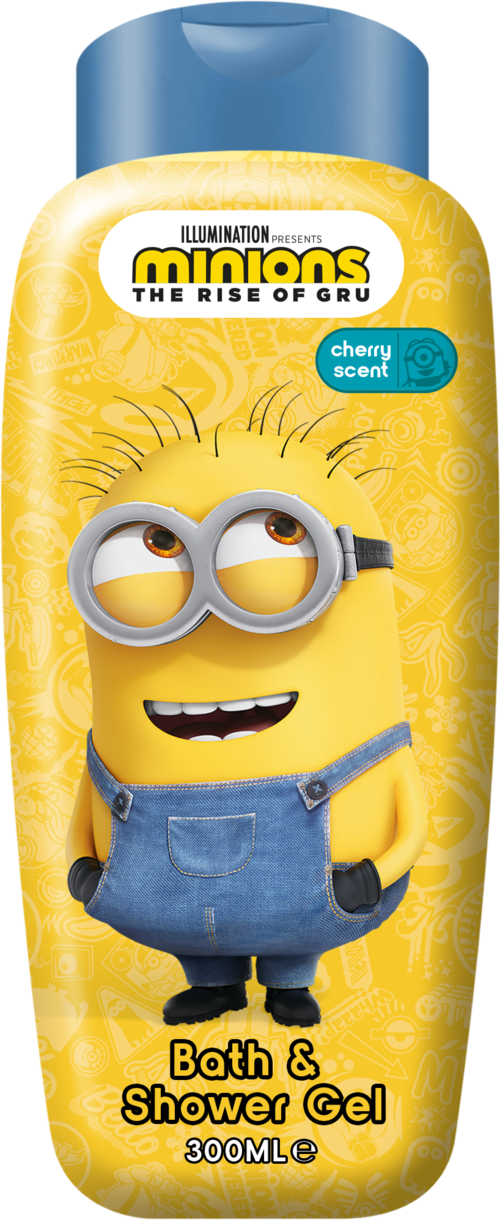 A yellow Minions character with goggles, wearing overalls, on a bath and shower gel bottle labeled "Minions."