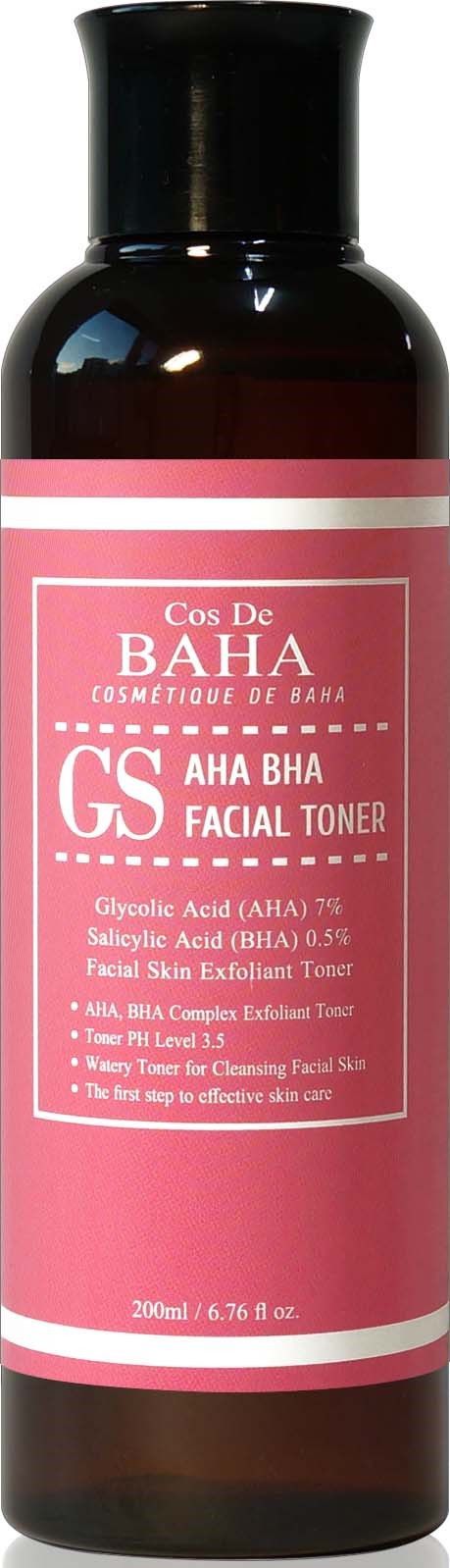 Een bruine fles met een roze label voor een gezichtstoner, bevat ingrediënten zoals glycolzuur en salicylzuur.