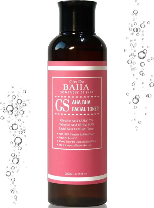 Een roze en zwarte fles met AHA BHA gezichts toner met tekst en bellen eromheen.