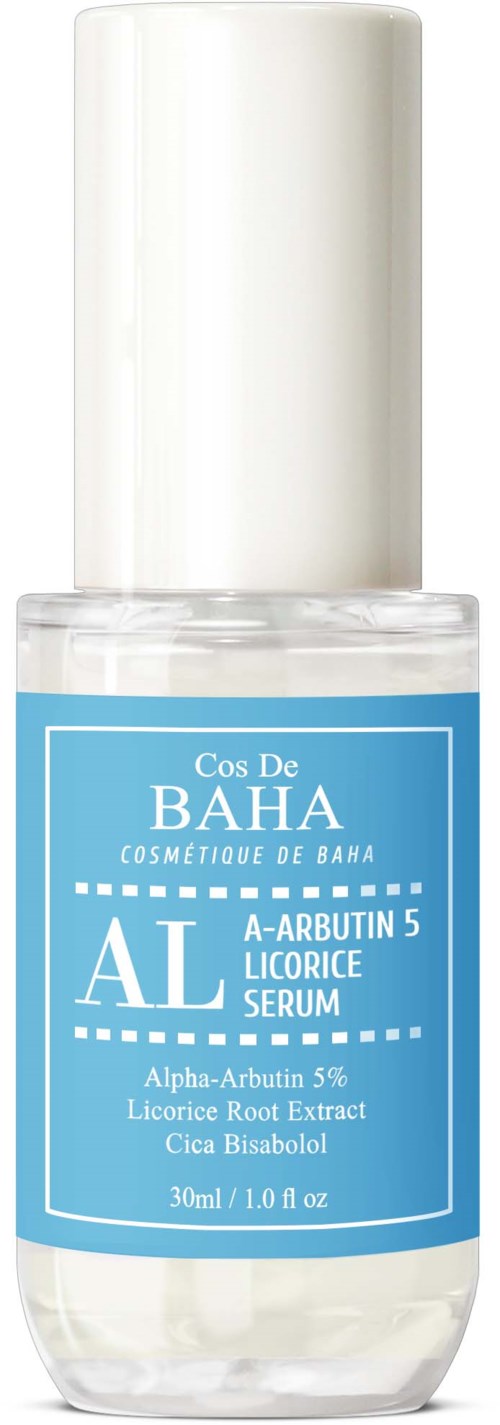 Een flesje met huidverzorgingsserum met witte dop en blauwe label die de naam en ingrediënten toont.