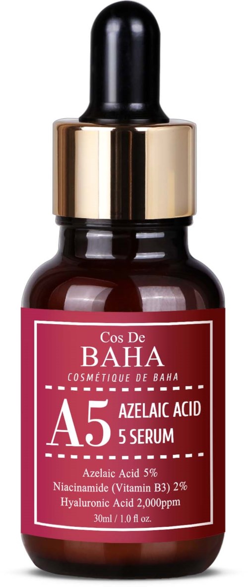 Eine kleine dunkle Flasche mit Tropfer, Beschriftung 'A5 Azelaic Acid Serum' von Cos De BAHA.