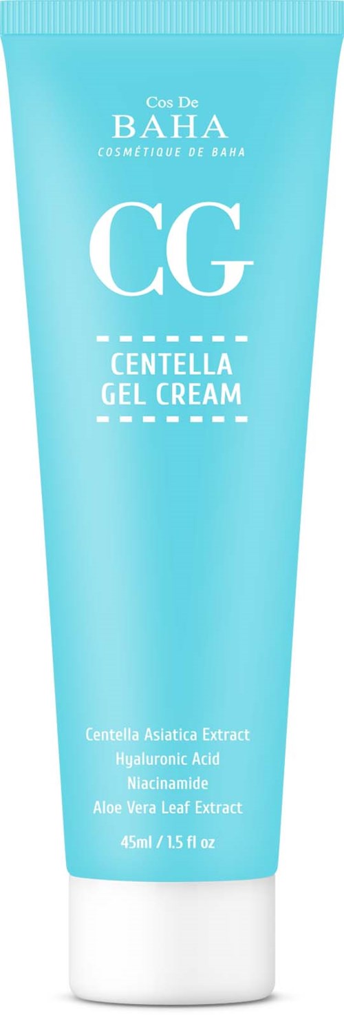 Blauwe tube met Centella Gel Cream met ingrediënten zoals Centella, Aloe Vera en Niacinamide.