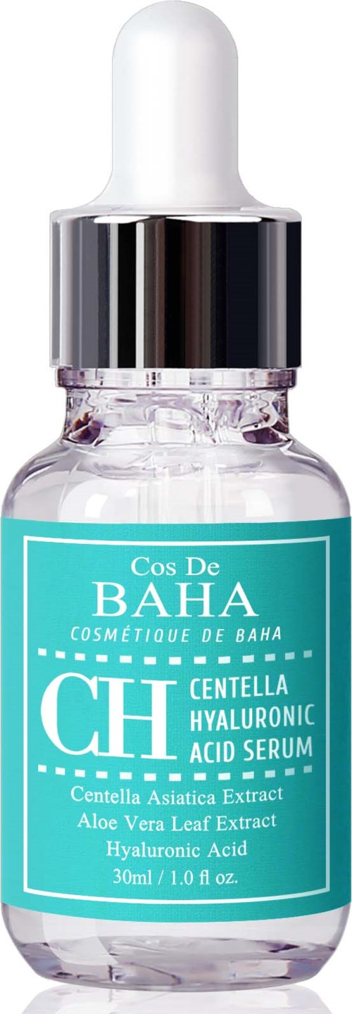 Klein glazen fles met pipet, blauw etiket en witte dop. Bevat serum met ingrediënten op het label.