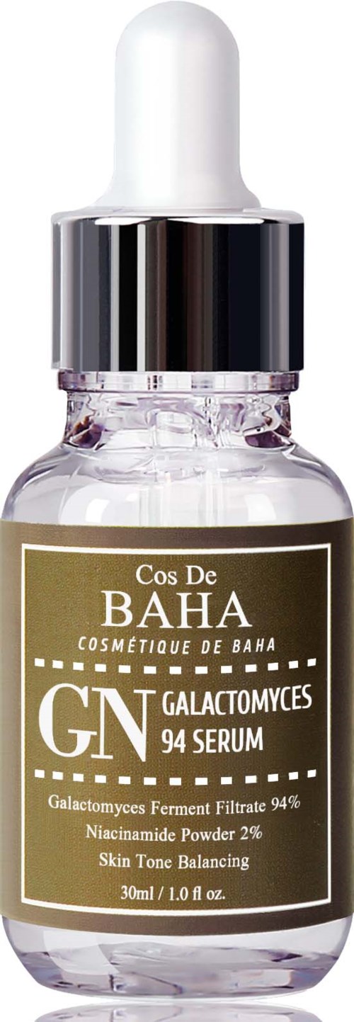 Klein glazen fles met pipet bevat Baha cosmeticaserum, bedoeld voor het in balans brengen van de huidtint. 30 ml.