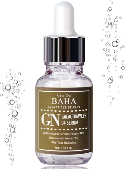Een kleine glazen fles met pipet, gelabeld als huidserum met 94% galactomyces ferment filtrate.