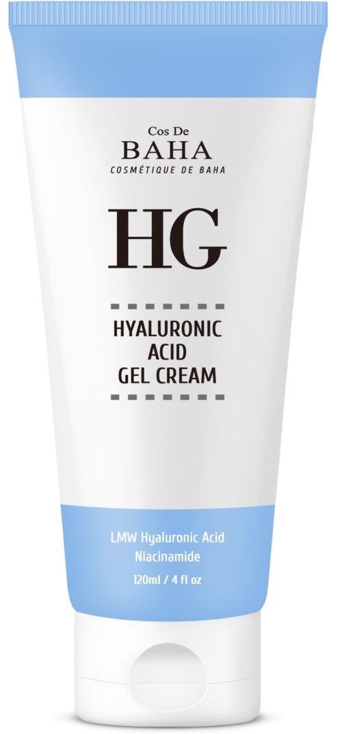 Een witte en blauwe tube met gelcrème gemarkeerd 'Hyaluronic Acid Gel Cream' en merk 'Cosmé de Bahia'.