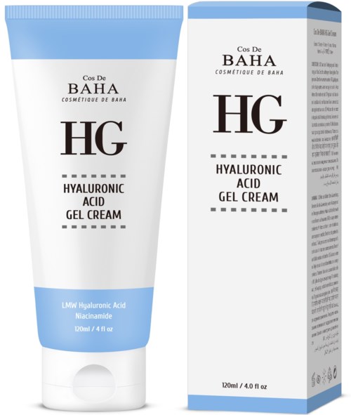 Tube en doos met hyaluronzuur-gelcrème voor de huid, gelabeld met merk en productgegevens.