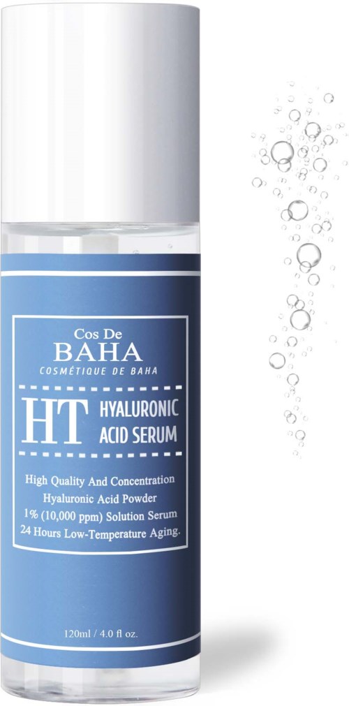 Een blauwe en witte fles met hyaluronzuurserum en bellen ernaast.