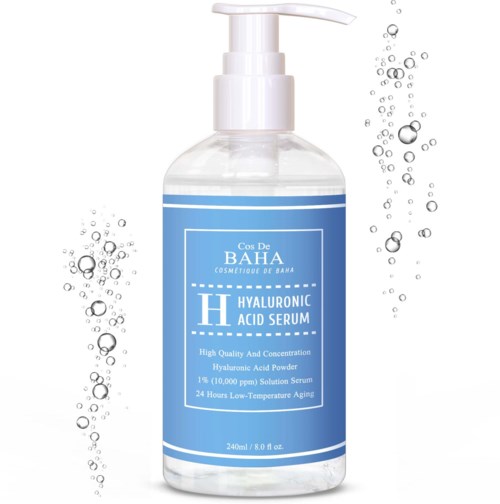 A clear bottle with a blue label and pump dispenser contains hyaluronic acid serum for skincare.