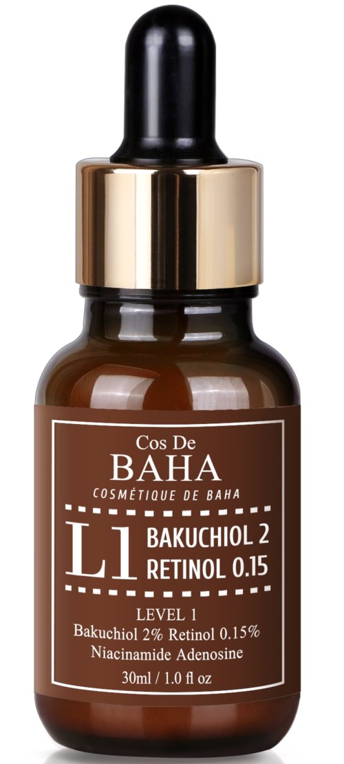 Väritön lasipullo tiputtaimella, merkinnällä: Bakuchiol, Retinol, Niacinamide. Ihonhoitotuote.