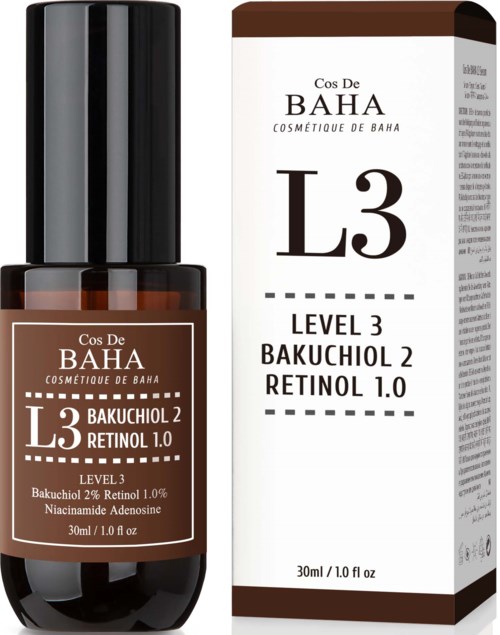 Een kleine bruine fles met een zwart deksel en een doos met huidverzorgingsgegevens, waaronder ingrediënten zoals retinol en bakuchiol.